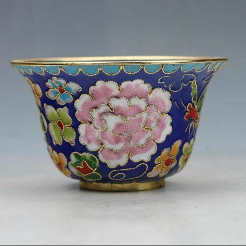 7.08" CHINESE CLOISONNE HAND-PAINTED FLOWER TEACUP BOUTIQUE COLLECT GIFT DECOR