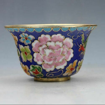 7.08" CHINESE CLOISONNE HAND-PAINTED FLOWER TEACUP BOUTIQUE COLLECT GIFT DECOR