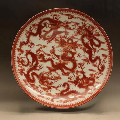 26cm Porcelain Red Glaze Five Dragon Pattern Plate Exquisite Chinese