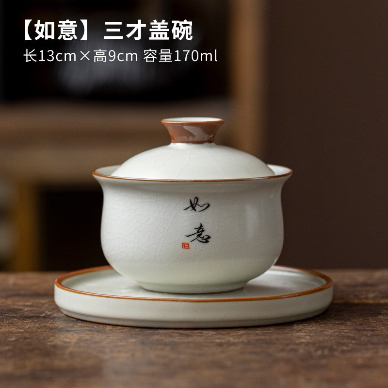 Ru Kiln Three Cai Lid Bowl Tea Cup Can Hover and Rotate Ceramic Tea Cup Tea Set