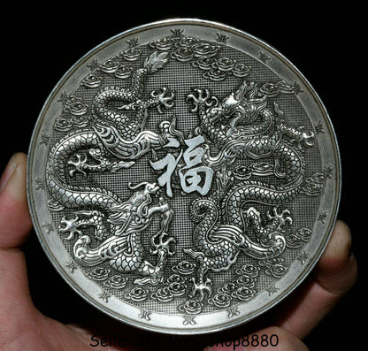 4" Old China Silver Dynasty 12 Zodiac Year Animal 2 Dragon 福 Round Plate Tray