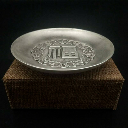 Old Chinese tibet silver handcarved fu word plate