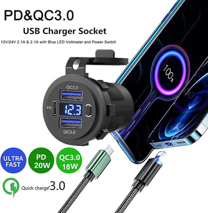 12V-24V PD+QC3.0 Dual USB Car Fast Charger Power Socket Outlet LED Voltmeter lot