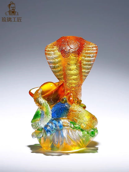 Real Chinese Liu Li Crystal Cobra Snake Statue Amulet Feng Shui Home Decor