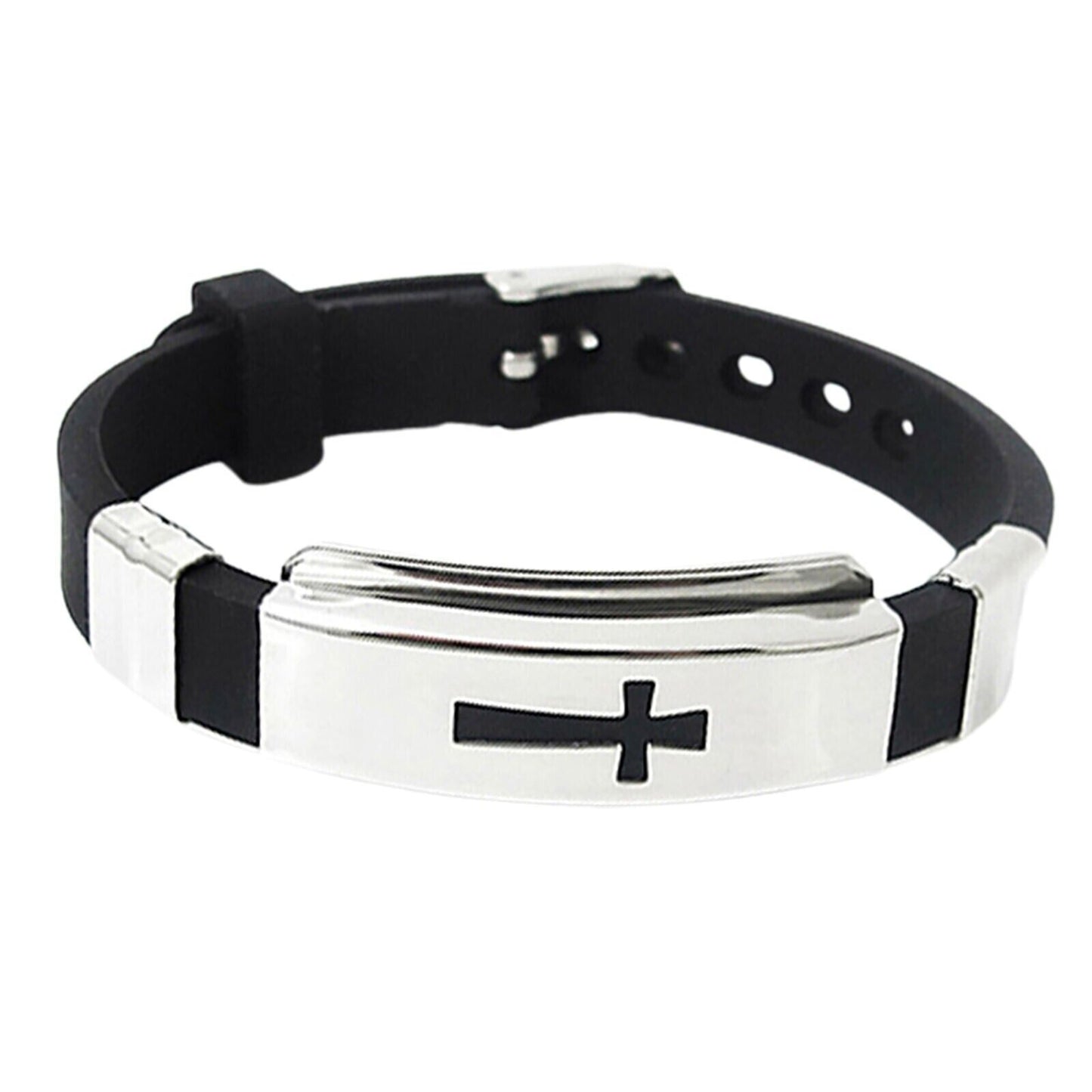 Men Stainless Steel Rubber Bracelet Retro Classic 3D Jesus Cross Style 1792