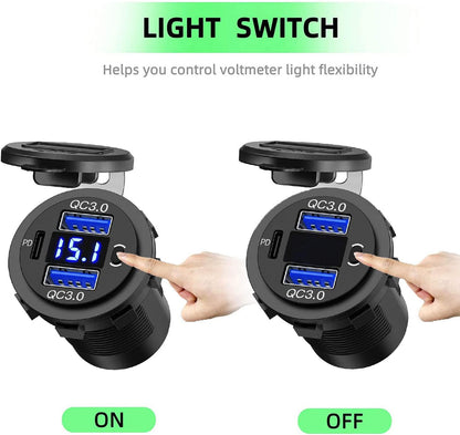 12V-24V PD+QC3.0 Dual USB Car Fast Charger Power Socket Outlet LED Voltmeter lot