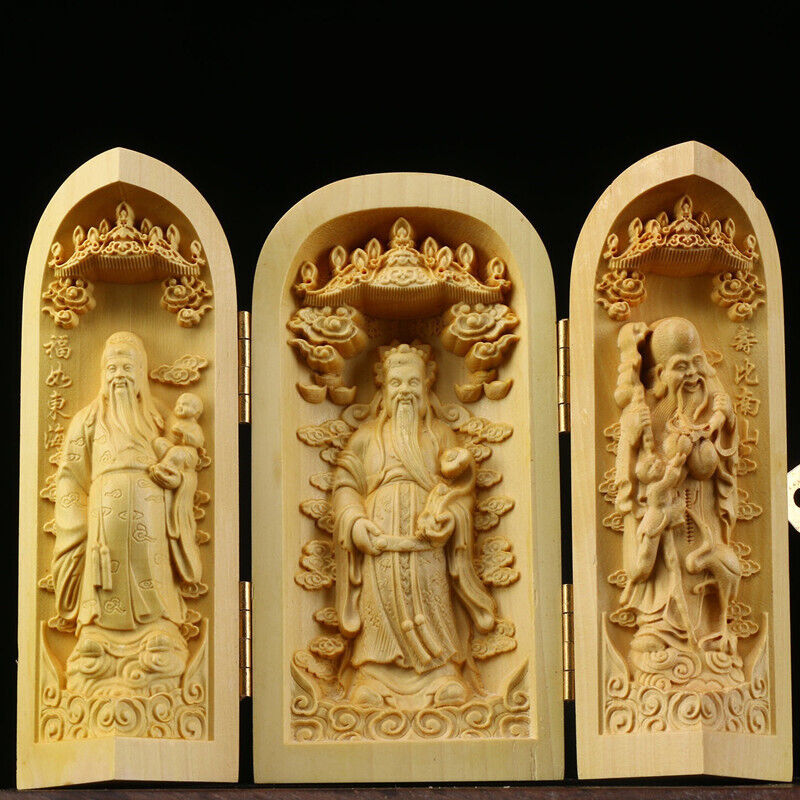 Buddha Statue Carved Wooden Sculpture Decor Three Open Box Home Ornaments NEW