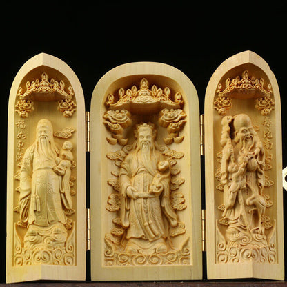 Buddha Statue Carved Wooden Sculpture Decor Three Open Box Home Ornaments NEW