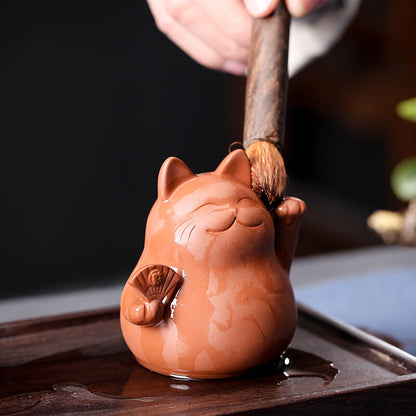 8.9cm Chinese Yixing Creative Handmade Purple Clay Cat Home Decoration Tea Pet