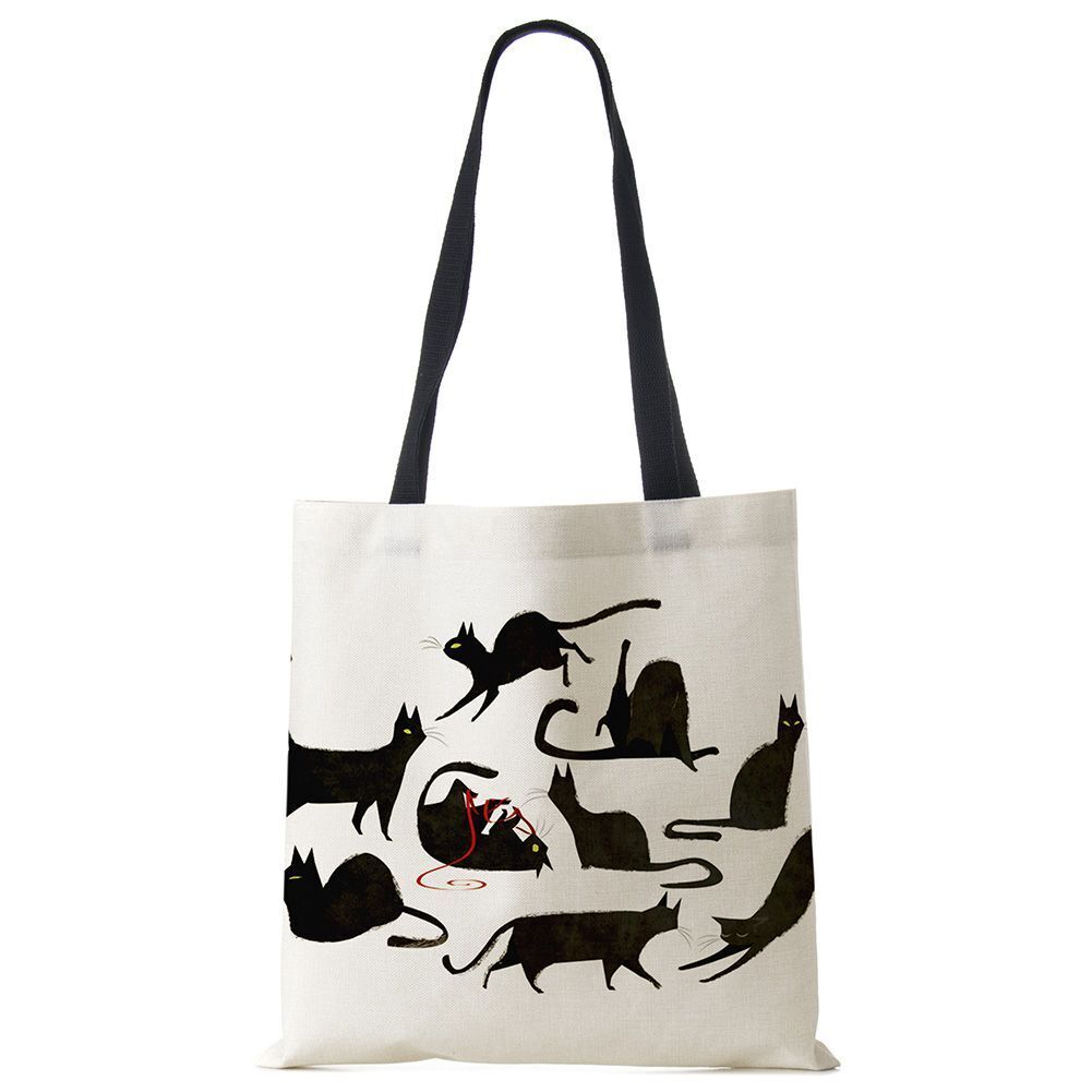 Tote Bags Black Cat Printed Linen Fabric Eco Handbag Shopping Reusable Shoulder