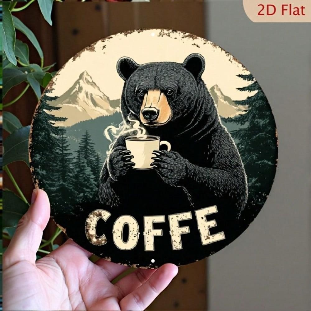 Vintage 8x8 Round Tin Sign Black Bear Coffee Retro Rustic Wall Art for Kitchen
