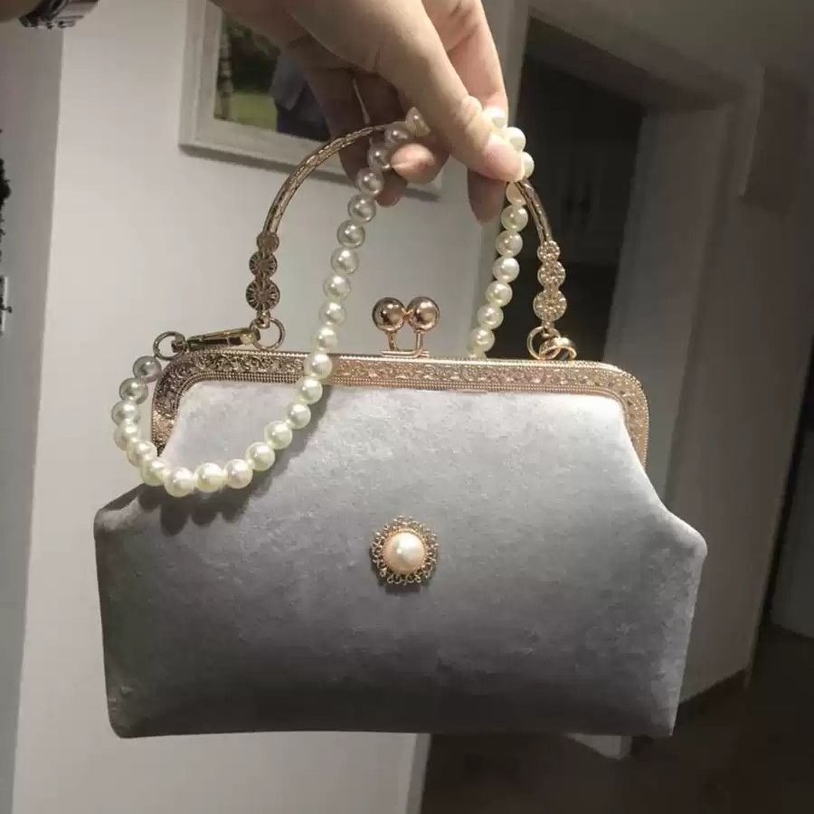 Beads Chain Bag 2 Straps Vintage Metal Shell Purse Velvet Shoulder Bag 20*14*6CM