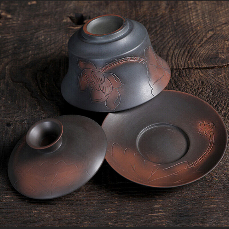 6.8oz Ceramic Pottery Gaiwan Lotus Flower Carved Tureen Covered Bowl Saucer Lid