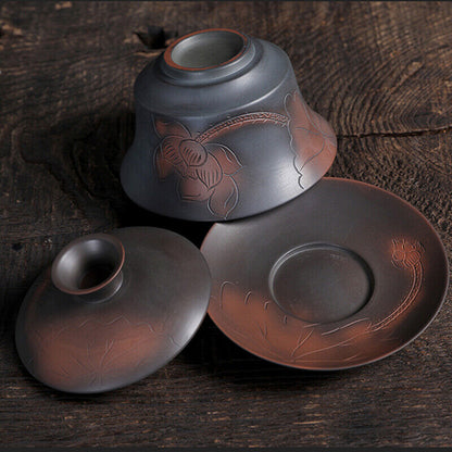 6.8oz Ceramic Pottery Gaiwan Lotus Flower Carved Tureen Covered Bowl Saucer Lid