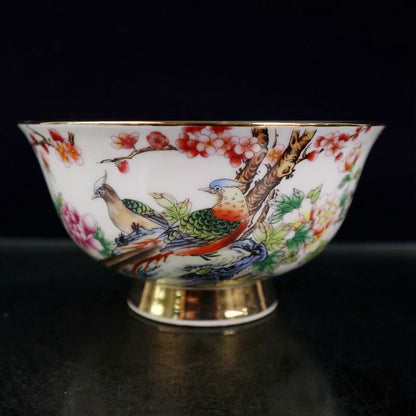 Old Chinese powder color porcelain outline in gold flower bird Big bowl Qianlon