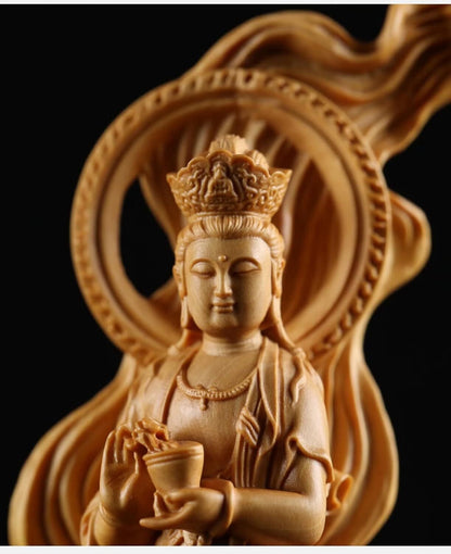 Goddess of Mercy Guan Yin Buddha Statue Nanhai Kuanyin Hand Carved Boxwood Decor