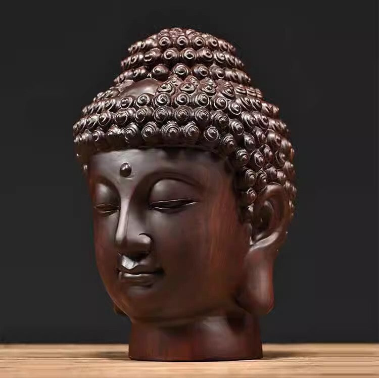 12" Natural Ebony Wood Carved Sakyamuni Buddha Head Statue Buddhism Collection