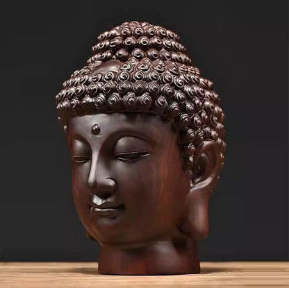12" Natural Ebony Wood Carved Sakyamuni Buddha Head Statue Buddhism Collection