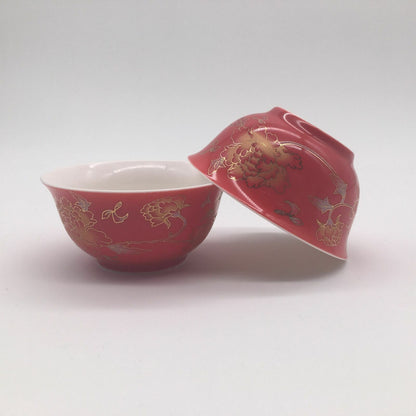 2pcs/lot Wedding Tea Cup Peony Print Red Small Volume Personal Cup For Pu'er Tea