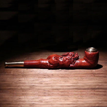 Lobular Red Sandalwood Pixiu Pipe Carved Filterable Brass Mouthpiece 2-in-1