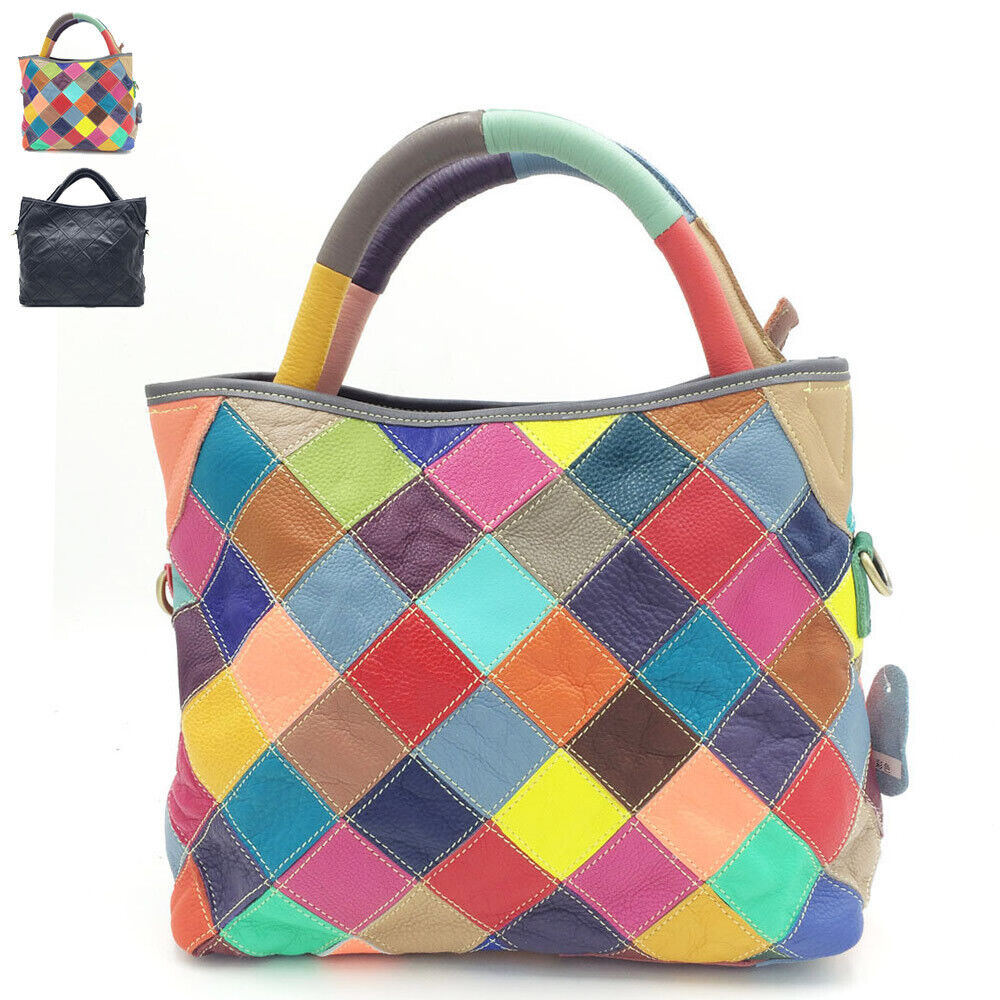 Multicolor Patch Real Leather Raw Edge Tote Shoulder Bag Purse Crossbody Handle