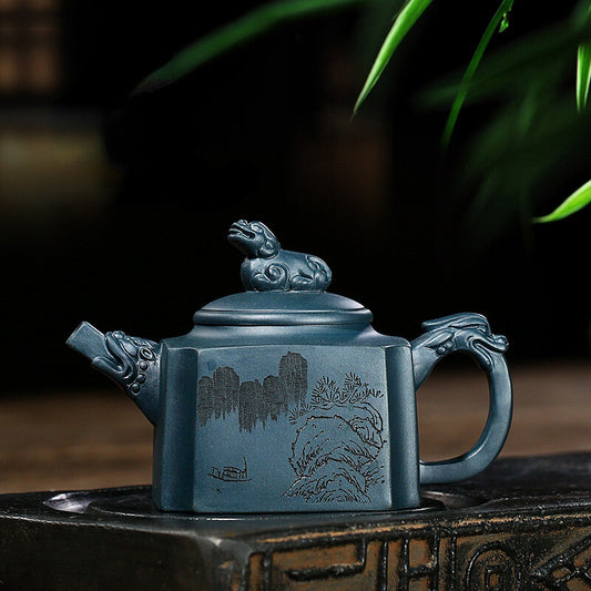 China Yixing Zisha Pottery Celeste Clay Handmade 220cc Four Sides Lion Teapot