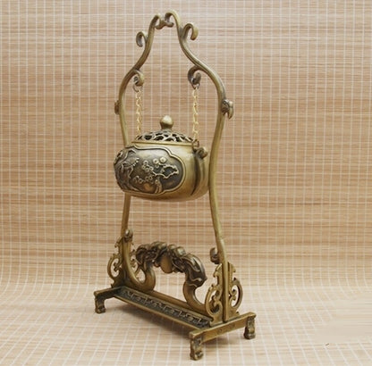 Chinese Brass Incense Burner Rack Statue Hanging Holder Dragon Flower Decor