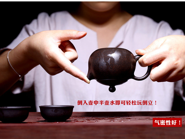 Authentic Yixing Zisha Teapot Marked Ball Shaped Infuser Holes Black Galaxy Clay