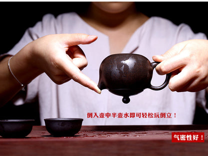 Authentic Yixing Zisha Teapot Marked Ball Shaped Infuser Holes Black Galaxy Clay