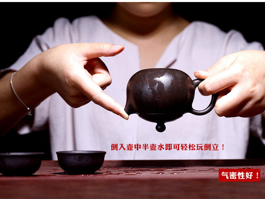 Authentic Yixing Zisha Teapot Marked Ball Shaped Infuser Holes Black Galaxy Clay