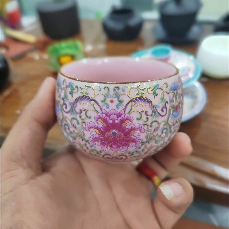 Chinese Enamel Twisted Lotus Tea Cup 160ml Pink Couple/Parents Gift