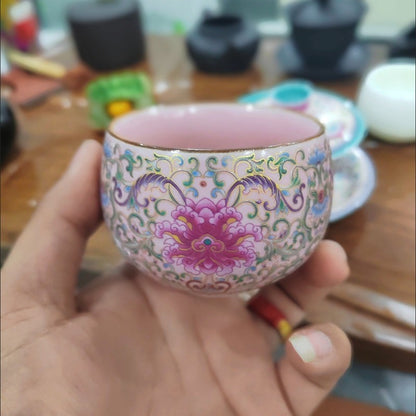 Chinese Enamel Twisted Lotus Tea Cup 160ml Pink Couple/Parents Gift