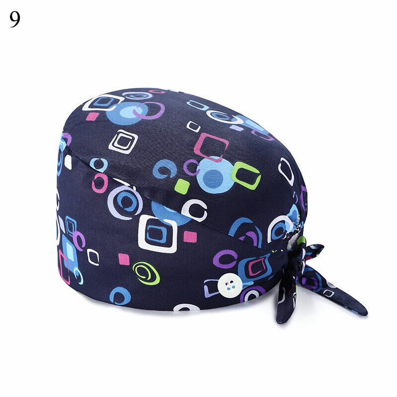 Unisex Surgical Scrub Cap Doctor Nurse Cotton Cartoon Adjustable Hats Buttons