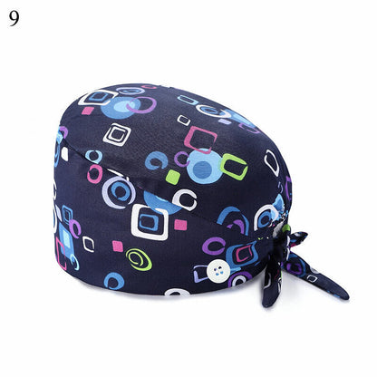 Unisex Surgical Scrub Cap Doctor Nurse Cotton Cartoon Adjustable Hats Buttons