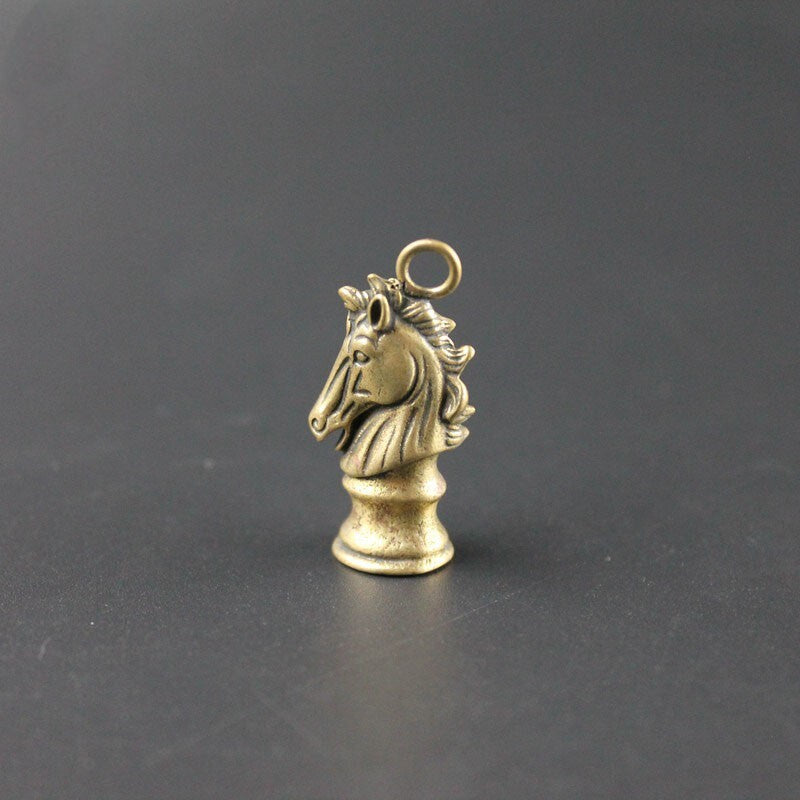 Solid Brass Chess Knight Keychain Hanging Horse Head Jewelry Tea Pet Miniature