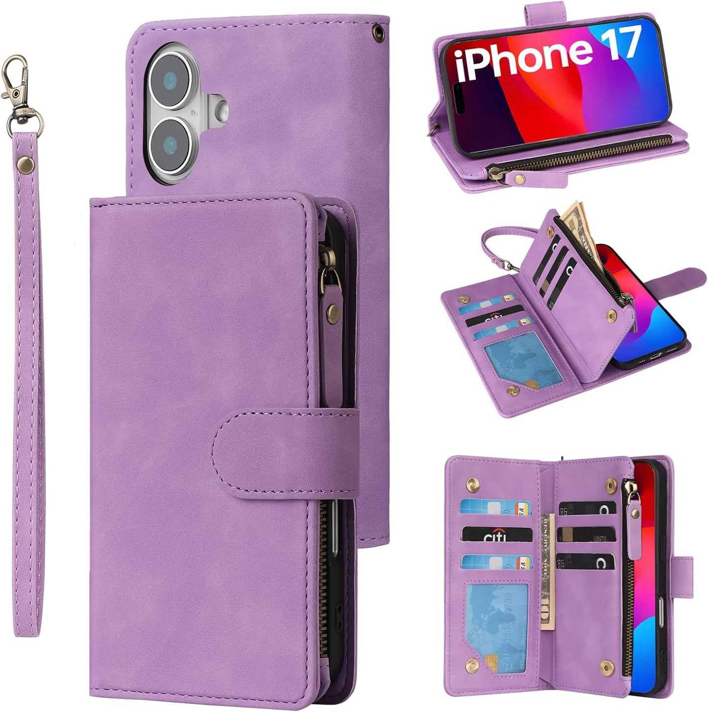 Wallet Case Compatible with Iphone 17, 6 Card Holder with RFID Blocking, PU Leat