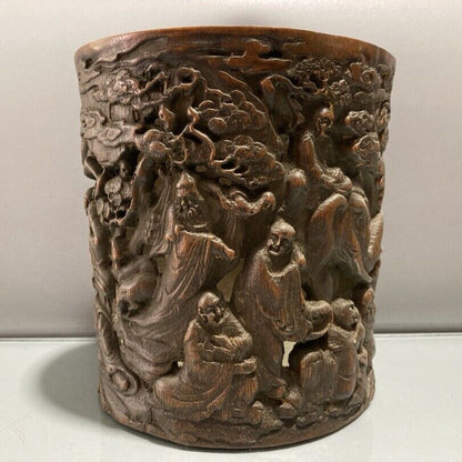 chinese bamboo carving antique carved brush pot case wood statue buddha Arhat