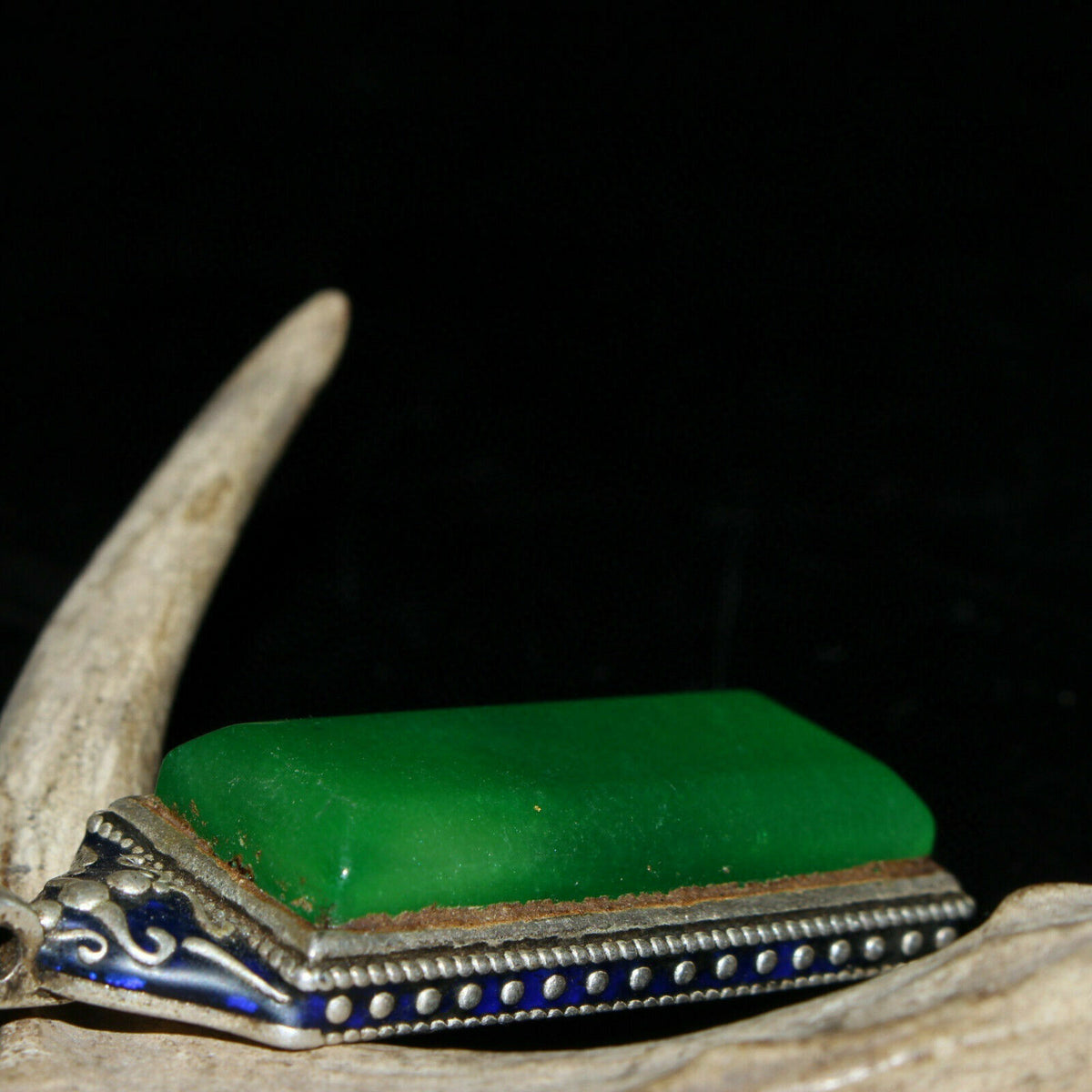 Old Chinese Tibetan silver inlaid green jade pendant