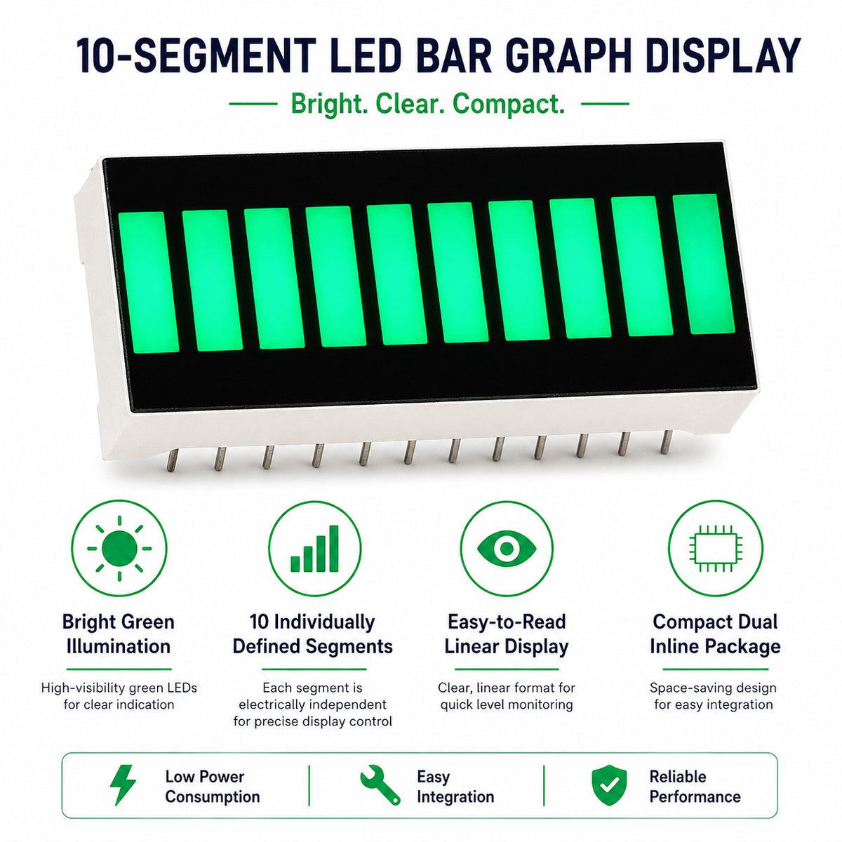 10-Segment Green LED Bar Graph Display, Dual In-Line 0.1" Pin Spacing