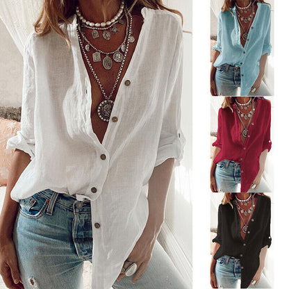 Womens Baggy Cotton Linen Shirts Button Up V Neck Tops Ladies Long Sleeve Blouse