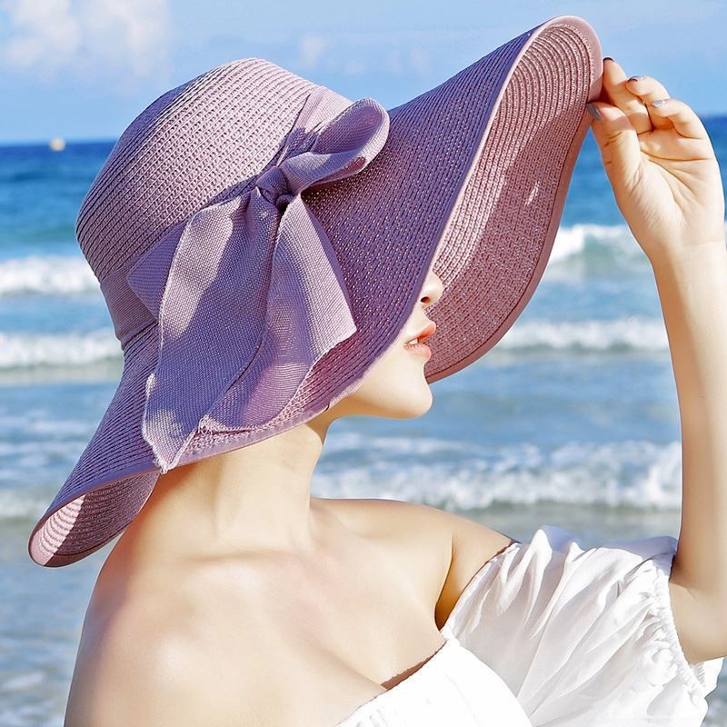 Outdoor Seaside Woman Fashion Big Bow Large Brimmed Cap Foldable Straw Hat