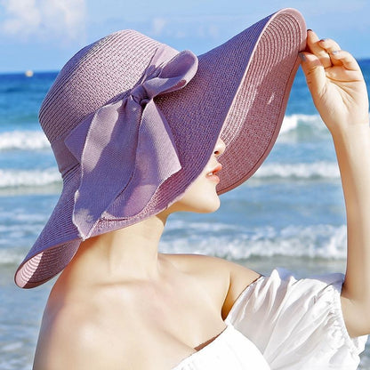 Outdoor Seaside Woman Fashion Big Bow Large Brimmed Cap Foldable Straw Hat
