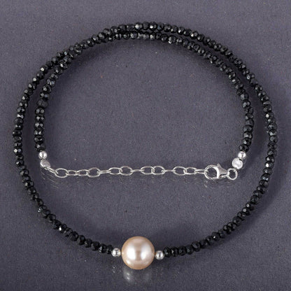 S925 Silver Single Pearl Necklace Shell Cut Black Crystal Beaded Necklace
