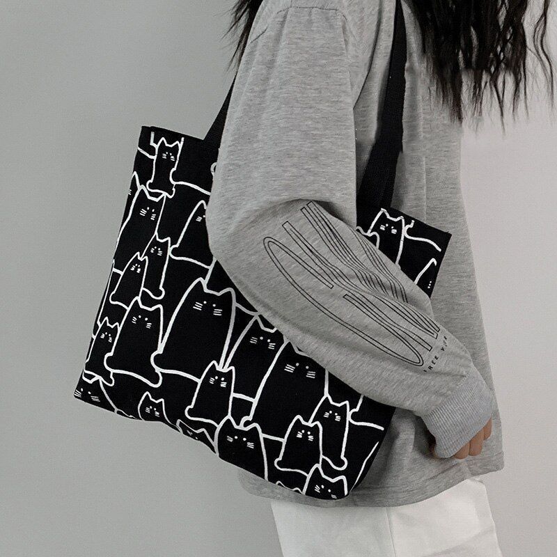 Canvas Bags Handbag Cute Cat Tote Bag Zipper Designer Cartoon Small Shoulder Bag