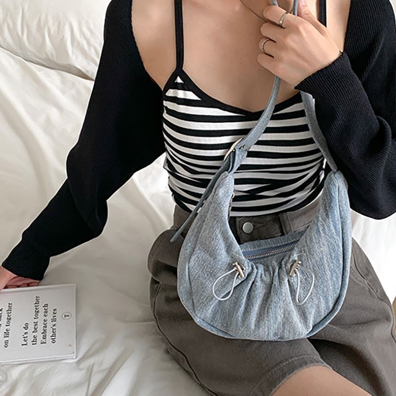 Wrinkled Denim Underarm Shoulder Bags Drawstring 28*14*6 CM Shopping Purse 1 PC