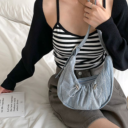 Wrinkled Denim Underarm Shoulder Bags Drawstring 28*14*6 CM Shopping Purse 1 PC