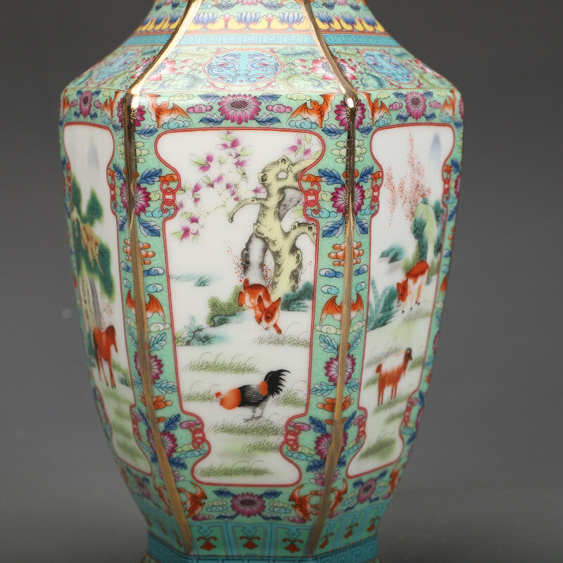 11.1" Chinese Qing Porcelain Gild 12 Zodiac Animal Six Sides Flower Vase