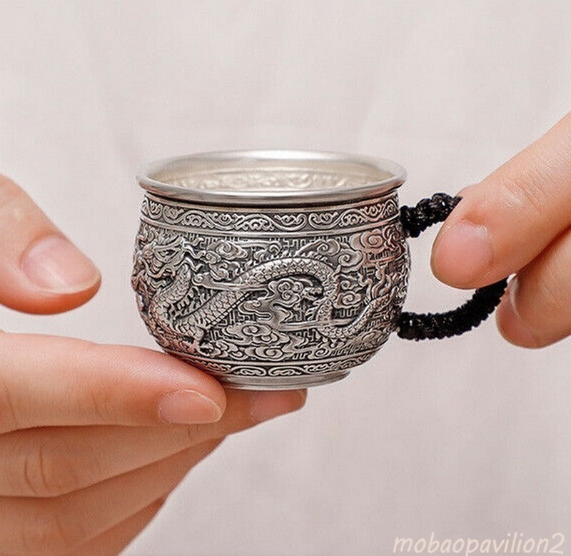 S999 Silver Carved Tea Cup Dragon Phoenix Handle Health Care Drinking