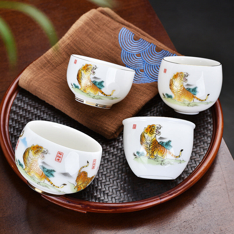 3.38" Mutton Jade Porcelain Tea Cup Mascot Tiger Print Under Glaze Master Cup
