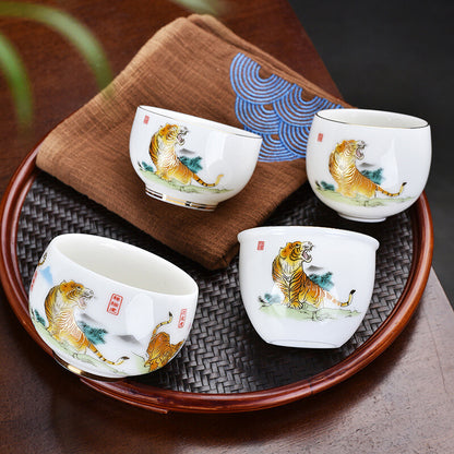 3.38" Mutton Jade Porcelain Tea Cup Mascot Tiger Print Under Glaze Master Cup